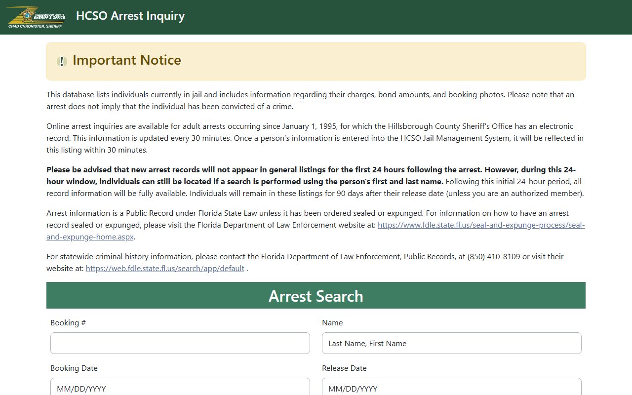 Hillsborough County HCSO arrest inquiry court records
