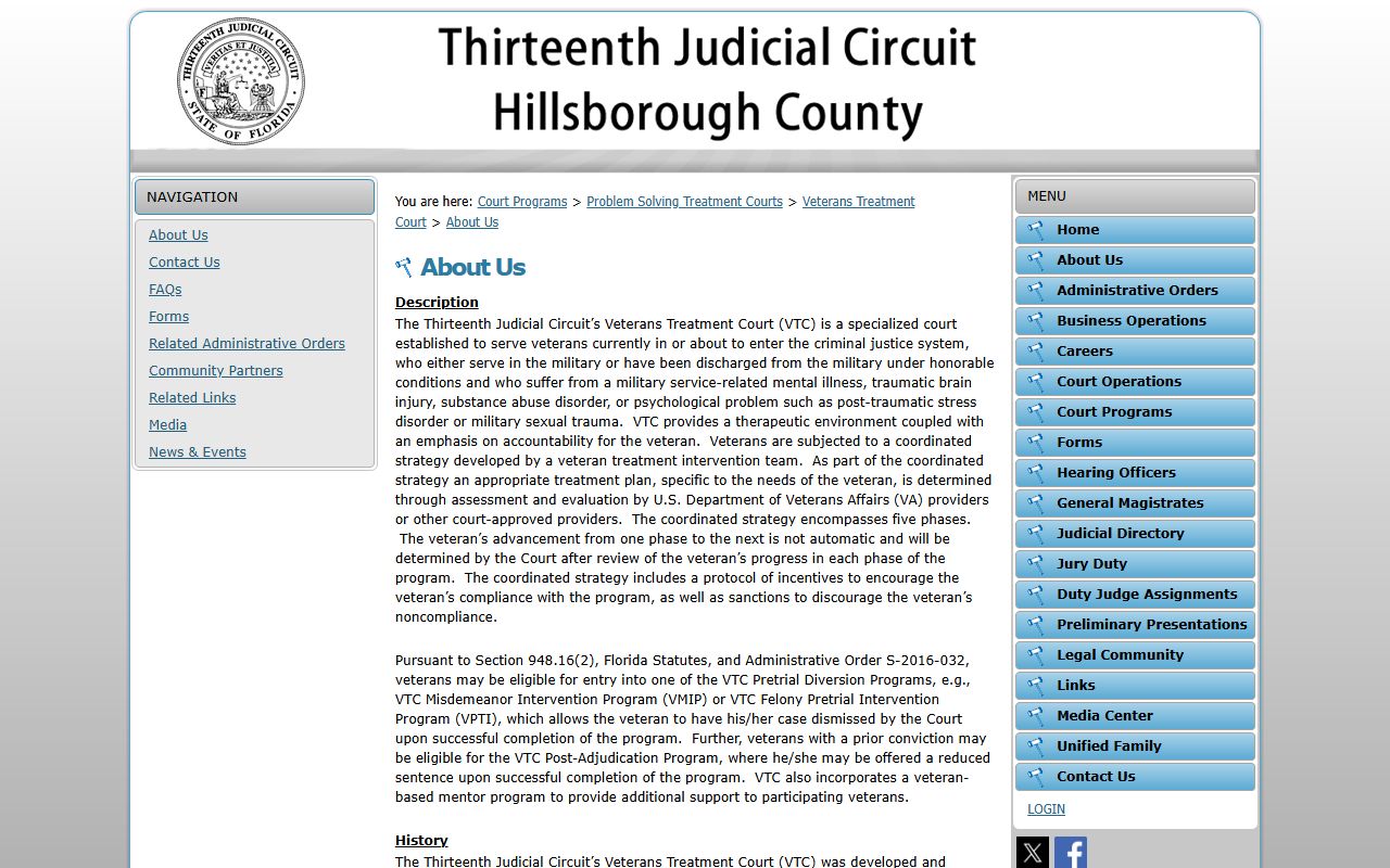 Hillsborough County Circuit Court Veterans Treatment Court program page