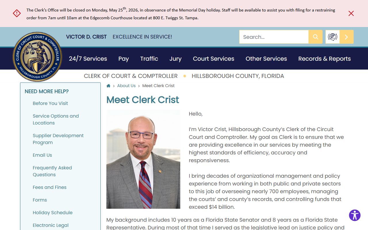 Hillsborough County Clerk of the Circuit Court Meet Clerk Crist bio page court records