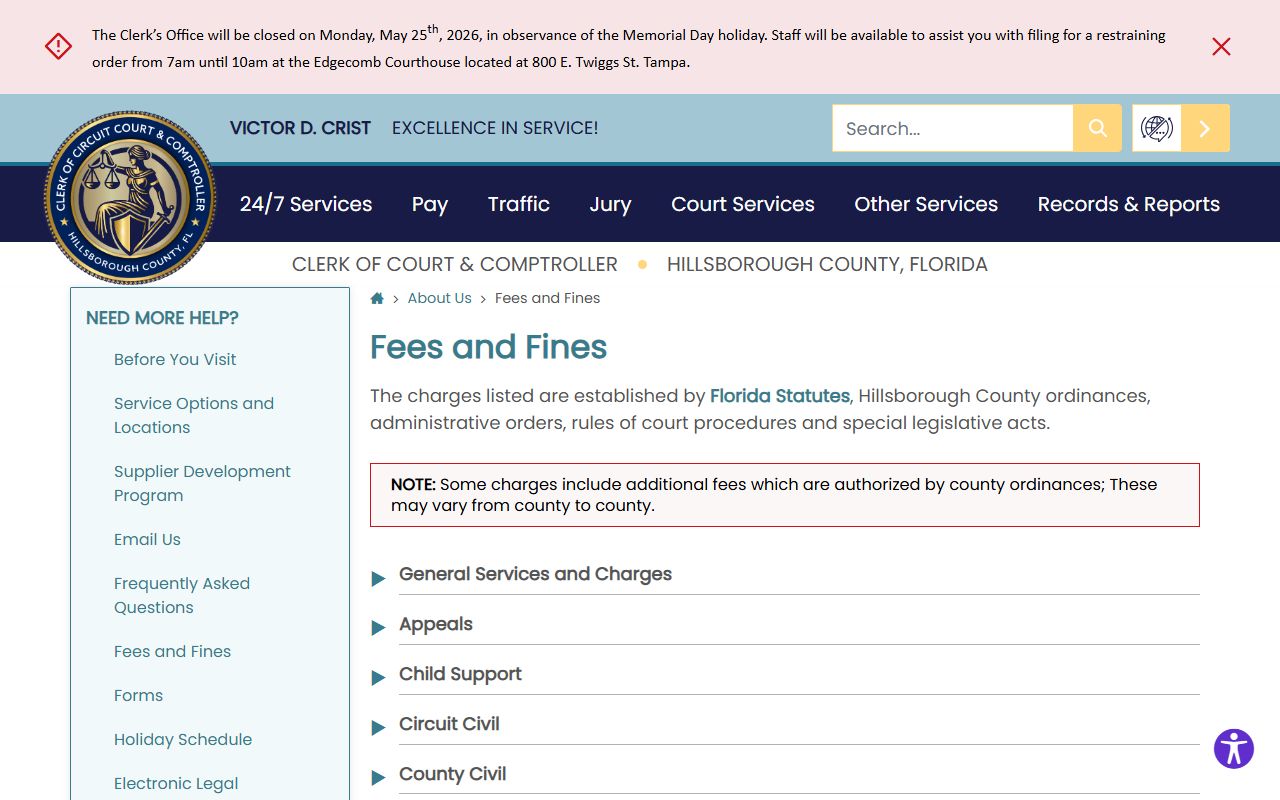 Hillsborough County Clerk of the Circuit Court fees and fines page court records