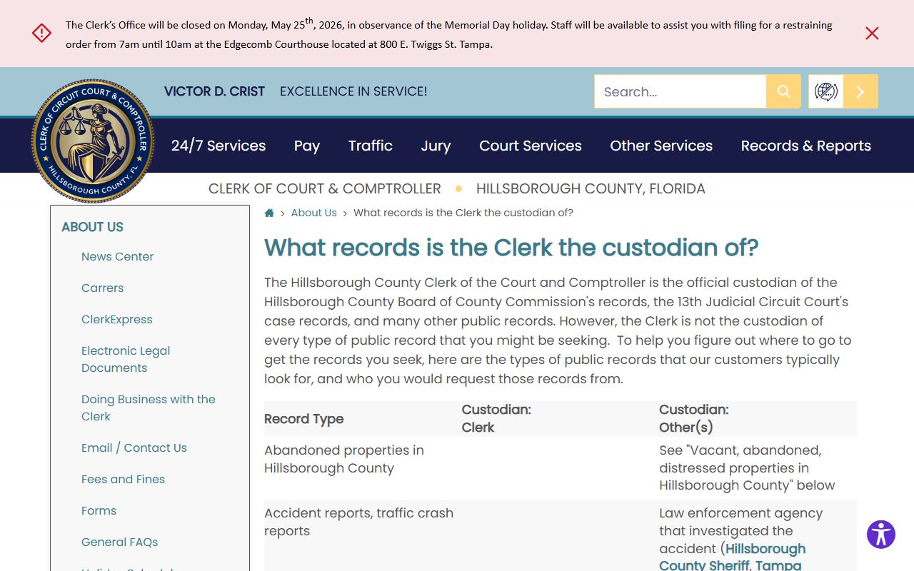 Hillsborough County Clerk of the Circuit Court custodian records table court records