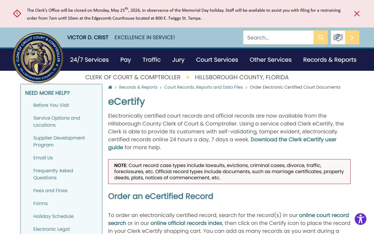 Hillsborough County Clerk of the Circuit Court eCertify electronic certification page court records