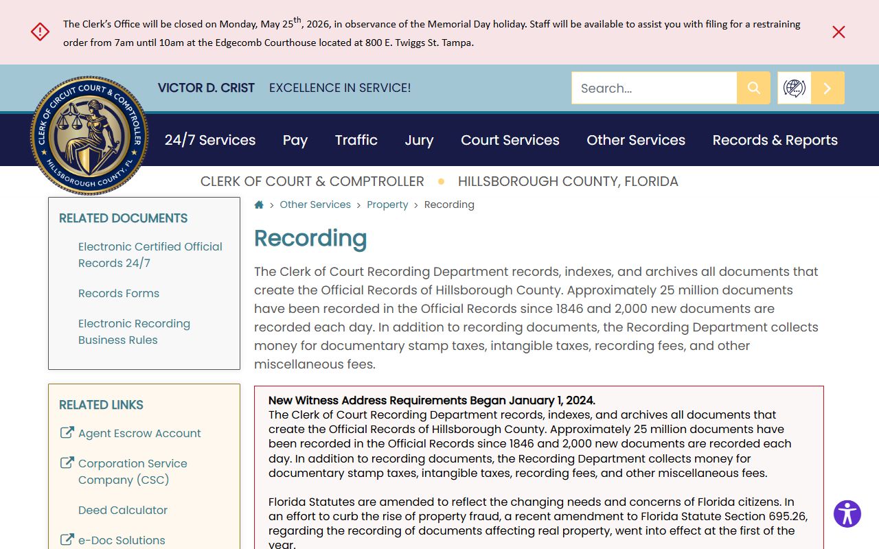 Hillsborough County Clerk of the Circuit Court Official Records service page court records