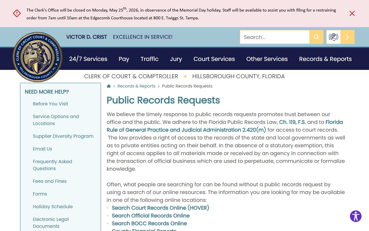 Hillsborough County Clerk of the Circuit Court public records request page court records
