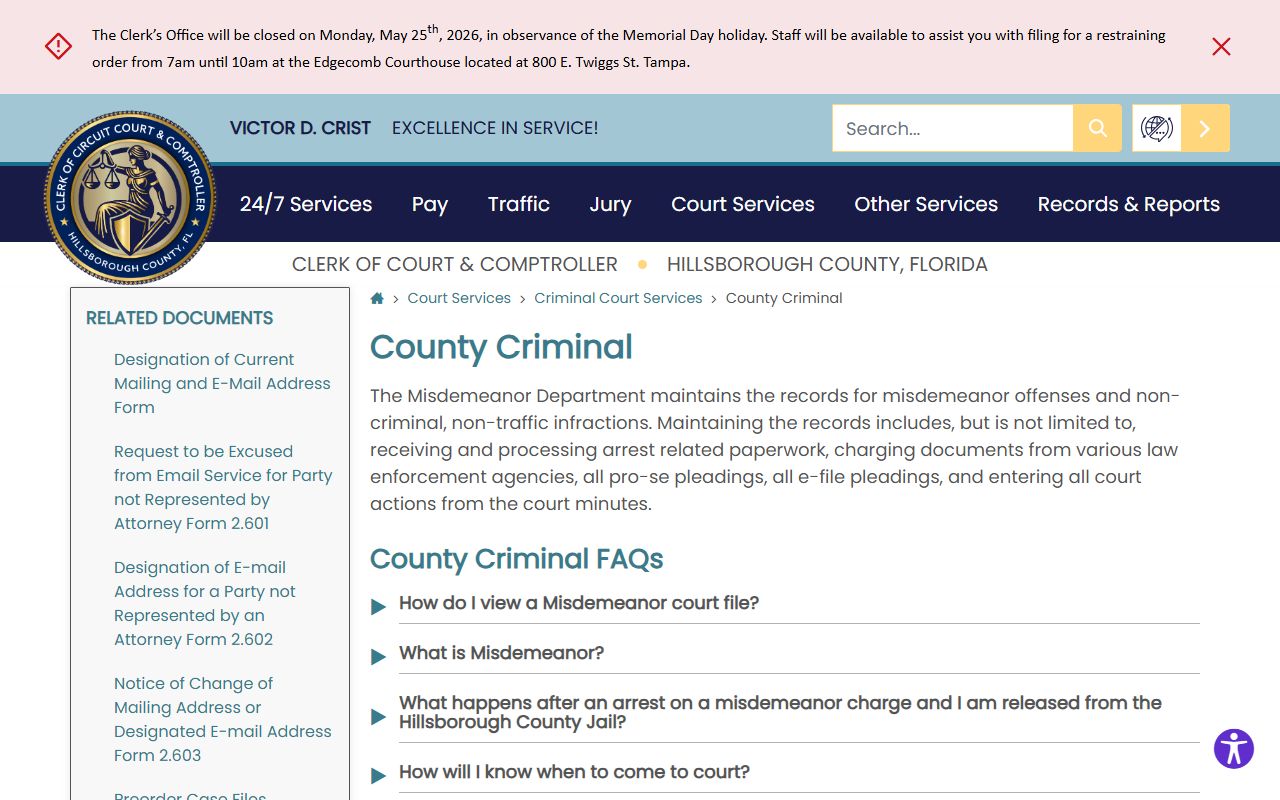 Hillsborough County Court records page for County Criminal misdemeanor cases