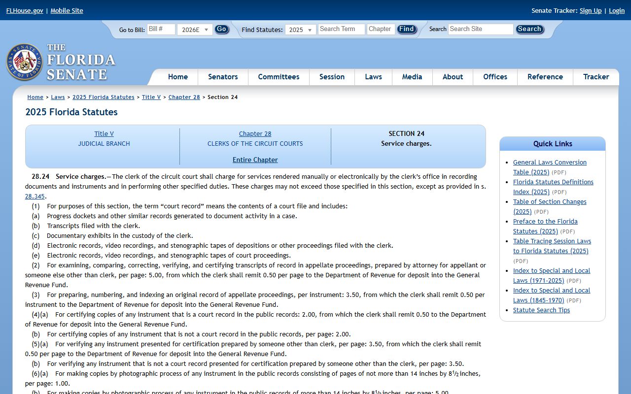 Hillsborough County Court Clerk service charges Florida Statutes section 28.24