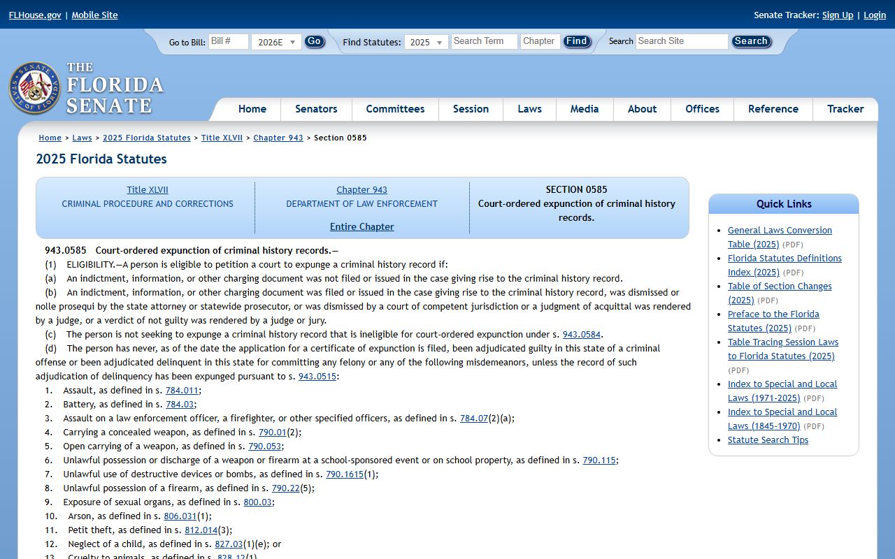 Hillsborough County criminal records expunction statute 943.0585