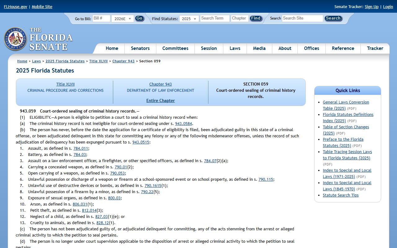 Hillsborough County criminal records sealing statute 943.059
