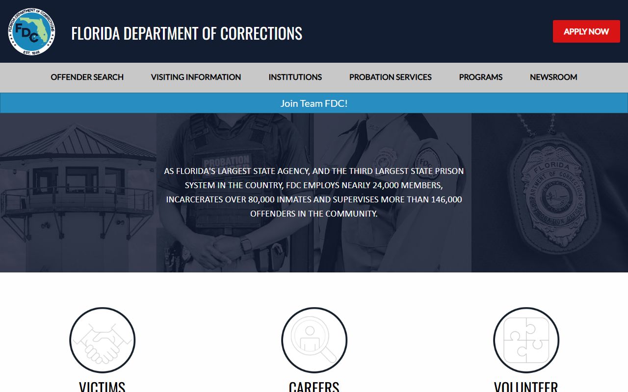Florida Department of Corrections homepage with statewide inmate population data