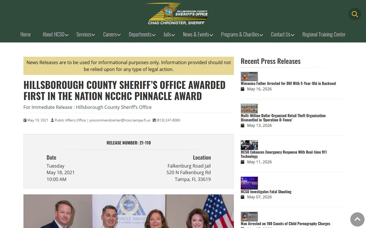Hillsborough County jail NCCHC Pinnacle Award press release