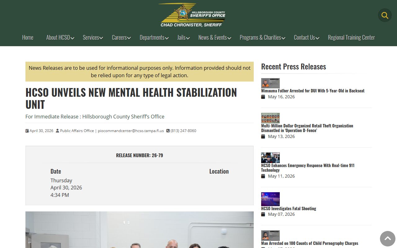 Hillsborough County jail mental health stabilization unit press release
