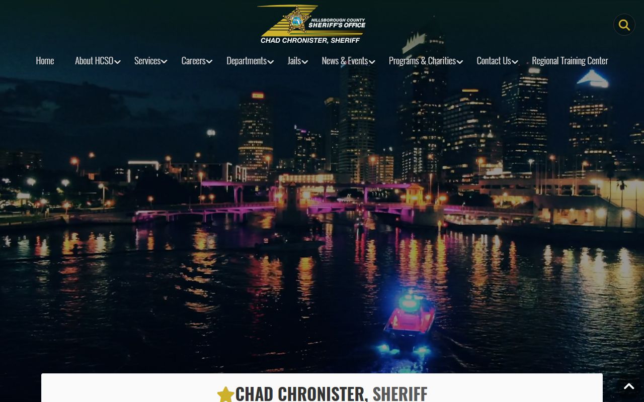 Hillsborough County Sheriff's Office homepage with links to the jail roster and inmate services