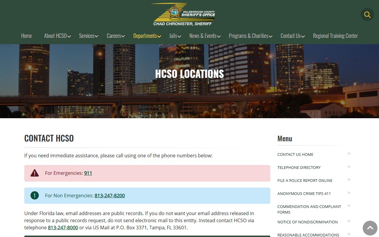 Hillsborough County Sheriff's Office locations page listing jail facilities and addresses