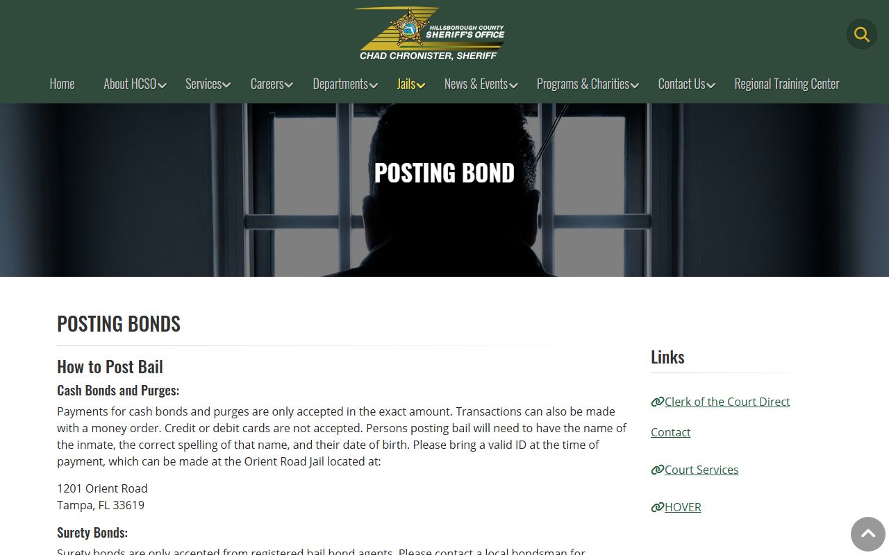 Hillsborough County Sheriff posting bond page with payment rules for the Hillsborough County jail
