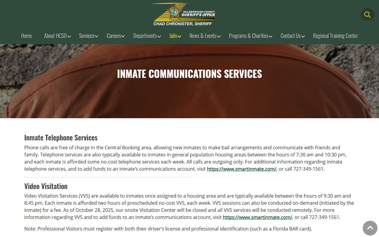 Hillsborough County jail inmate communication services page with mail and phone rules