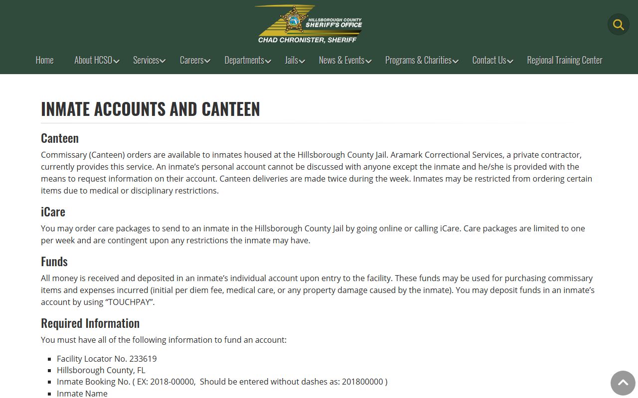 Hillsborough County jail inmate accounts and canteen page with TouchPay deposit rules