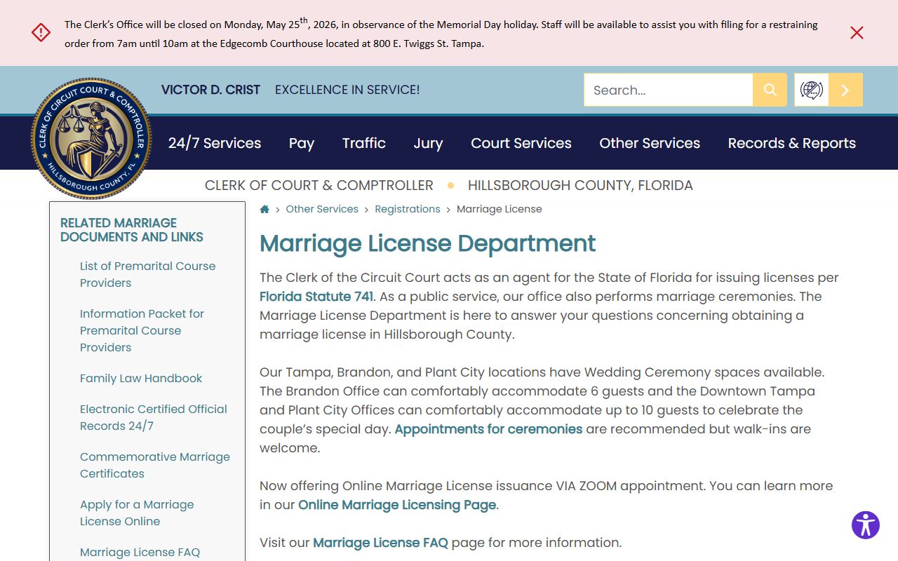 Hillsborough County Clerk Marriage License Department page with license and ceremony services
