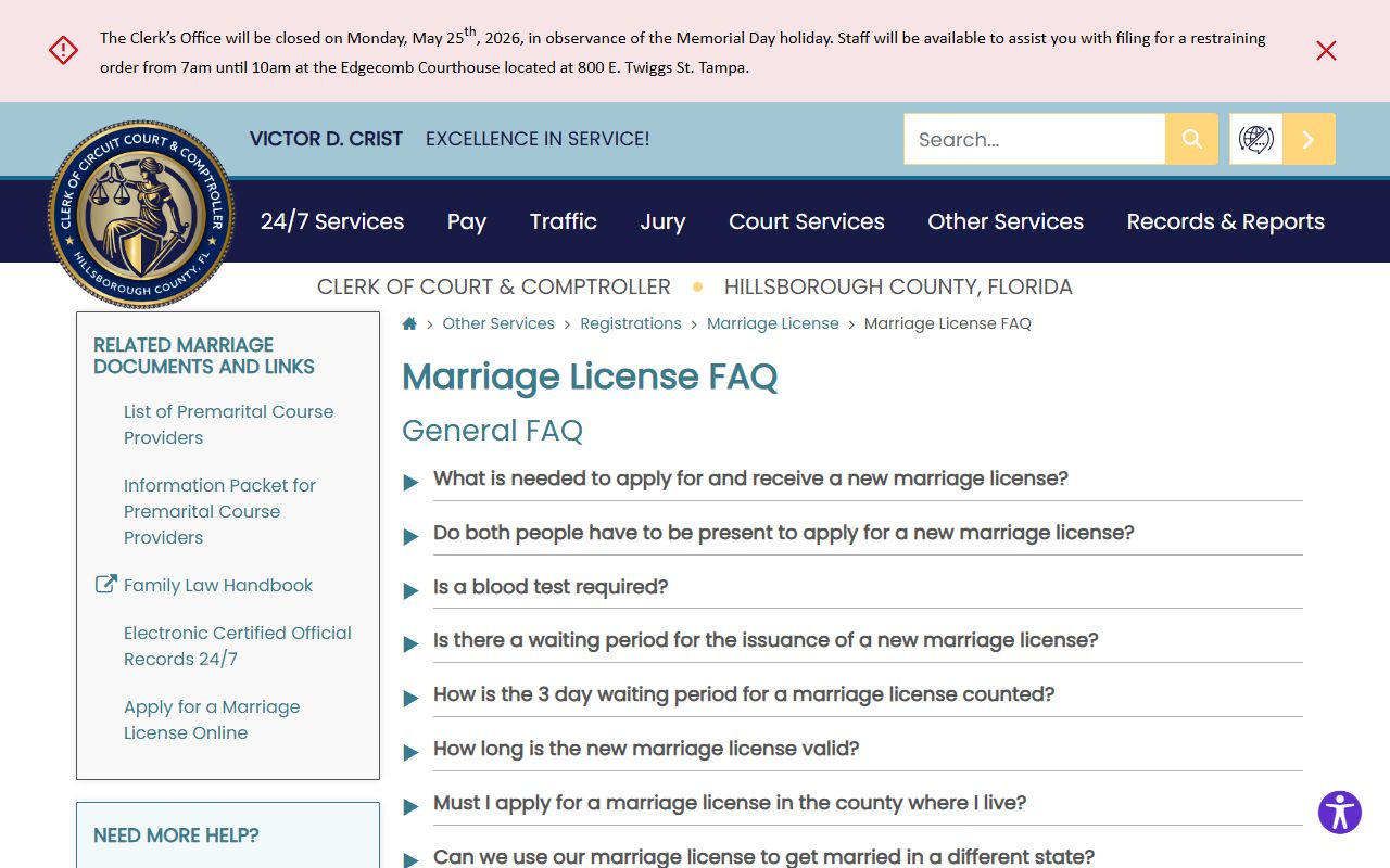Hillsborough County marriage license FAQ explaining ID, fees, and premarital course discount