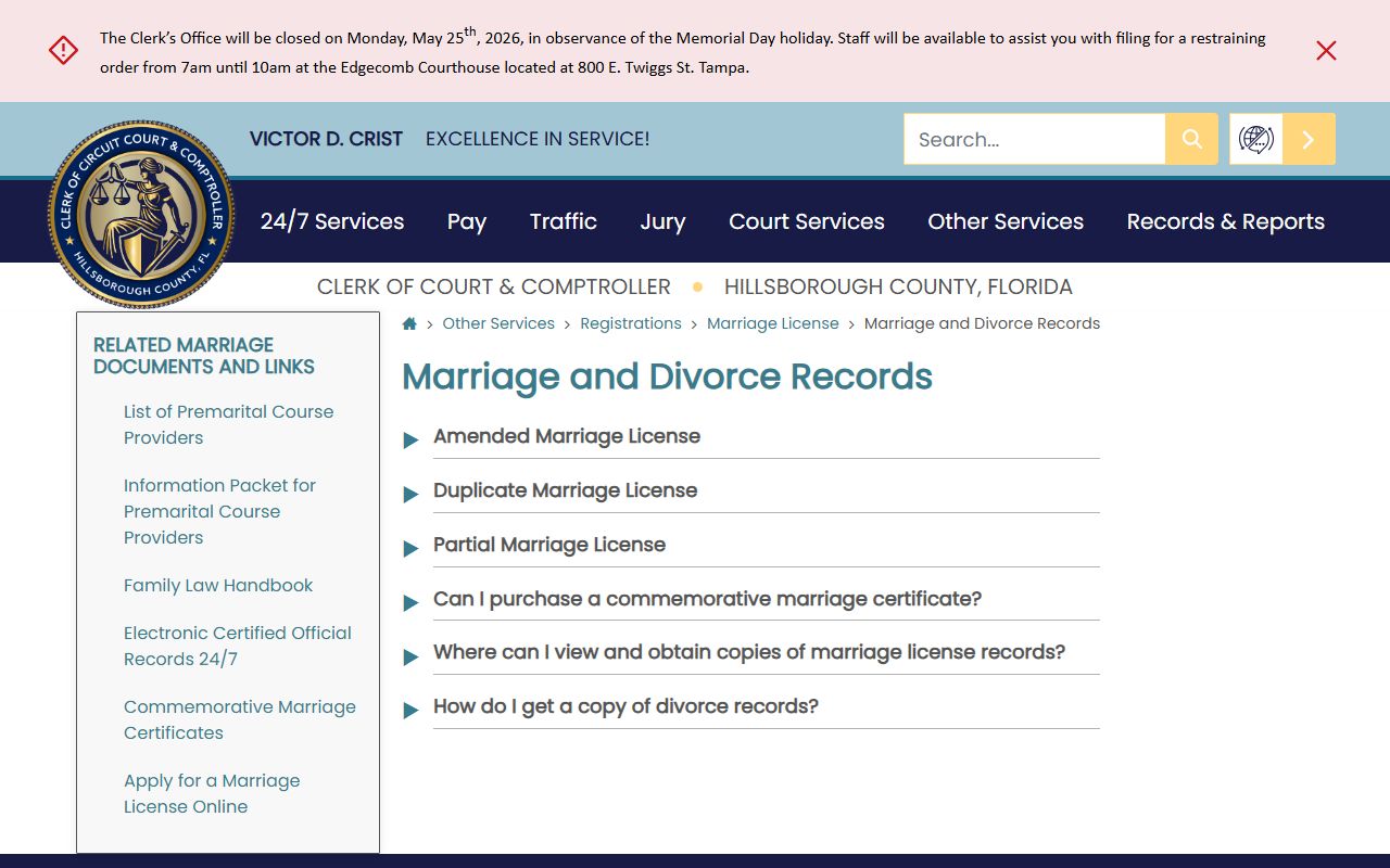 Hillsborough County marriage and divorce records guidance from the Clerk of Court