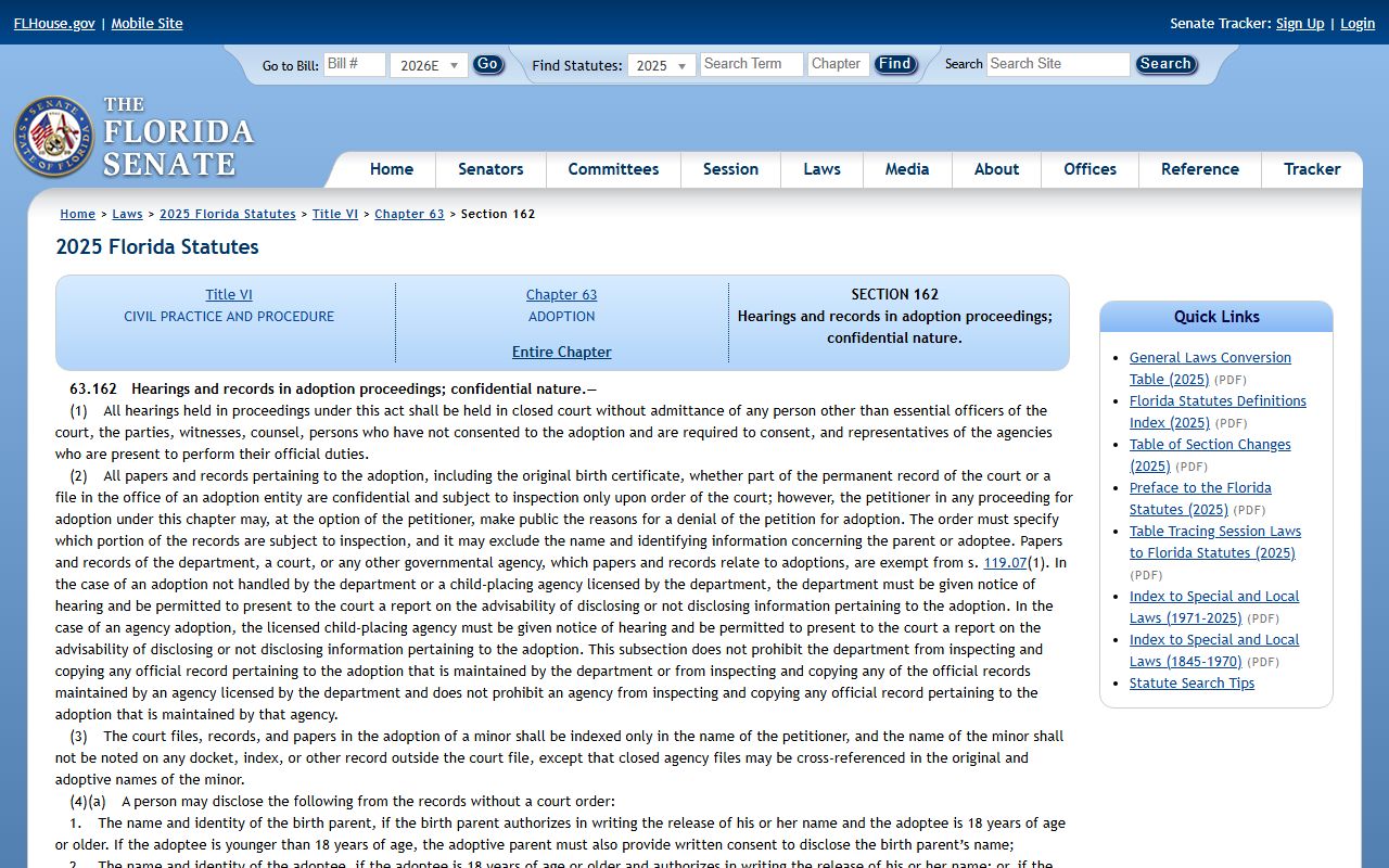 Hillsborough County probate records adoption confidentiality statute Florida Senate