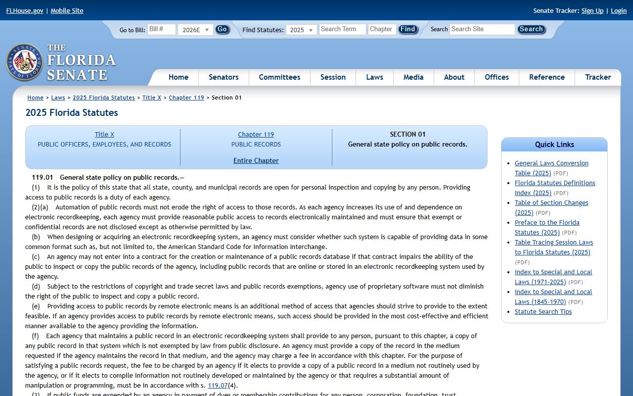 Hillsborough County public records statute Chapter 119.01 on the Florida Senate site