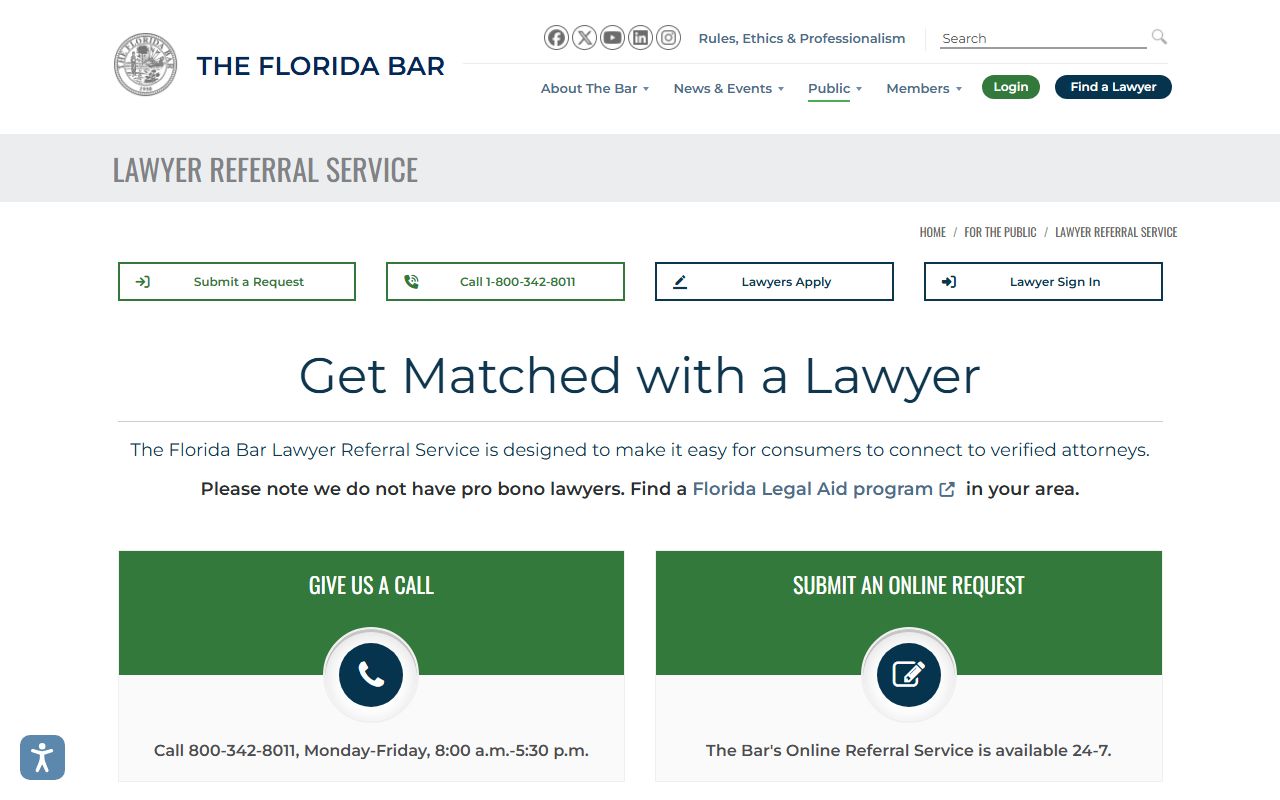 Florida Bar lawyer referral service home page for Hillsborough County public records help