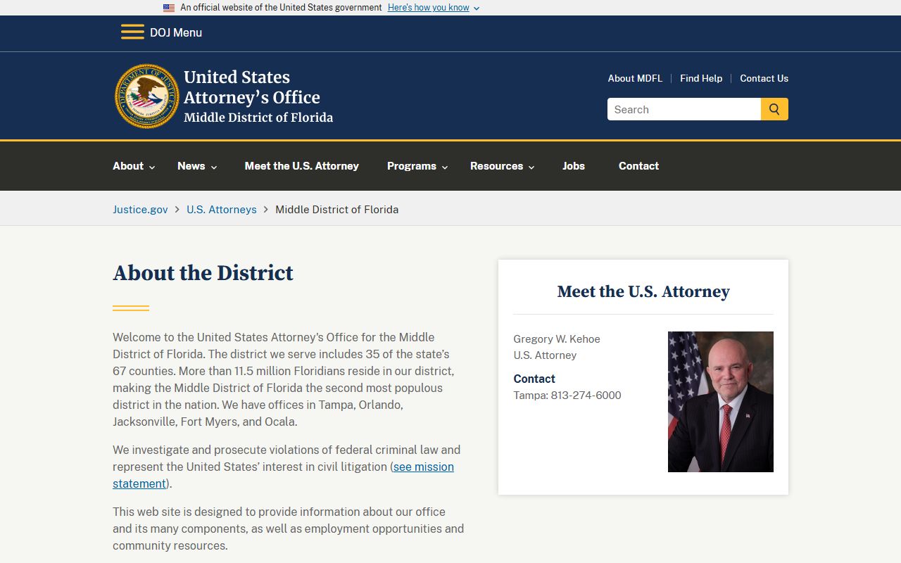 U.S. Attorney Middle District of Florida site for federal records in Hillsborough County