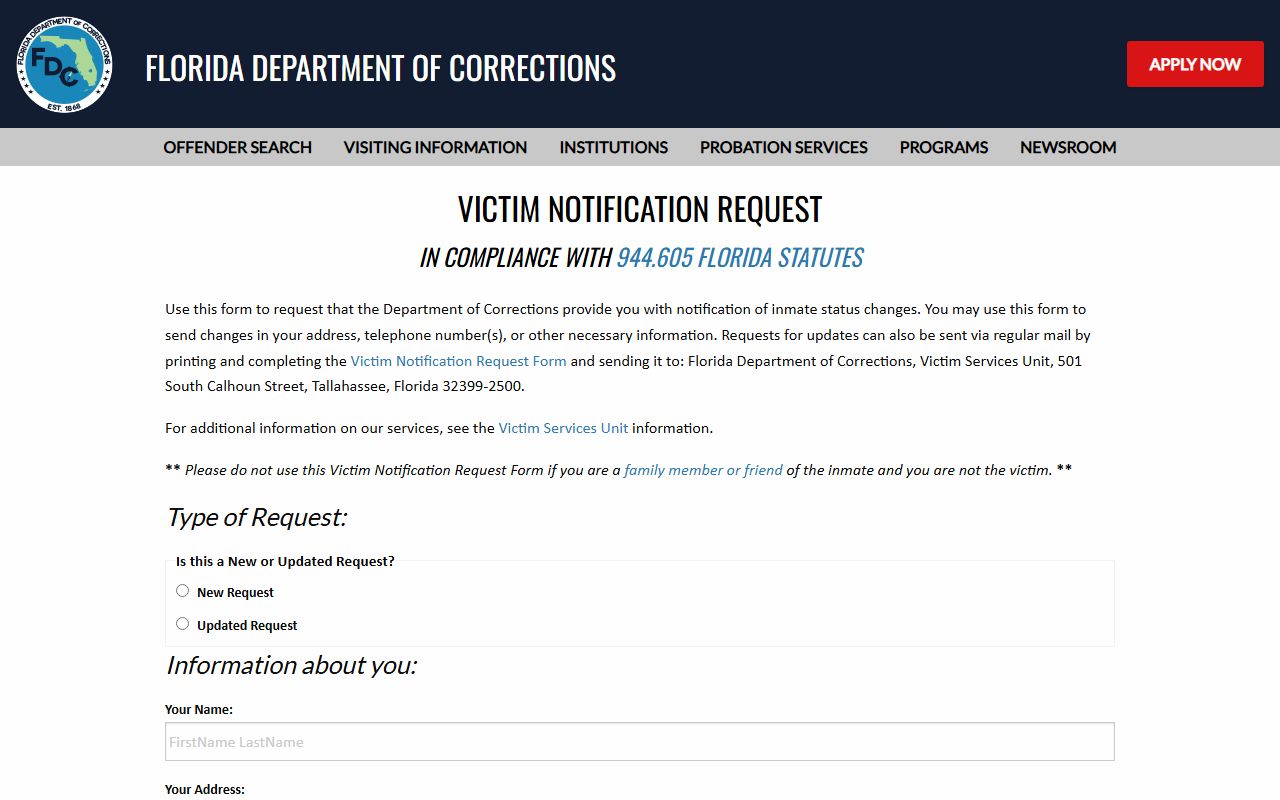 FDC victim notification request form for Hillsborough County released inmates