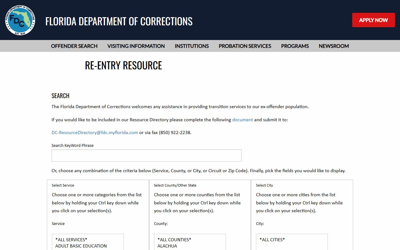 FDC reentry resource directory search for Hillsborough County released inmates